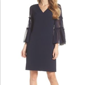 Navy sheer sleeve v-neck shift dress